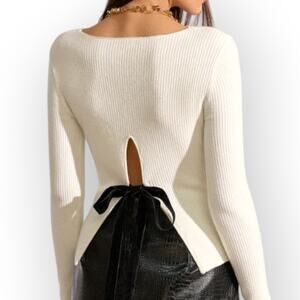 Commense Ribbed Knit Top with Back Cut-Out & Velvet Bow — NWT